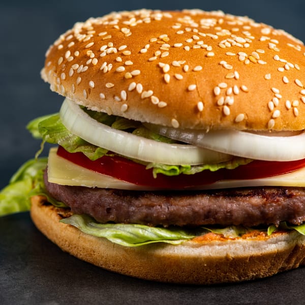 Close-up of a turkey burger with lettuce, tomato, onion, and cheese on a sesame seed bun.